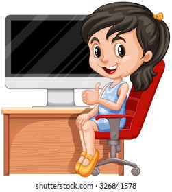 Girl sitting on chair by the computer illustration