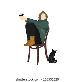 The girl is sitting on a chair with a cup in her hands, wearing pants, a sweater and socks. Pet, black cat. Life style. Vector illustration.