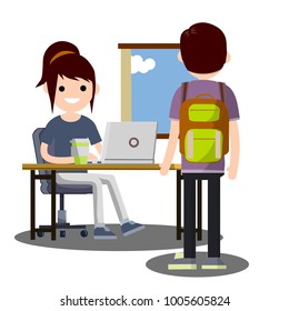 Girl sitting on a chair at a Desk with a computer. A man with a backpack stands in front of the window. 