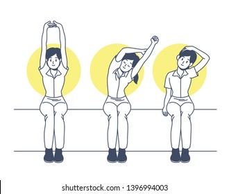 The girl is sitting chair   doing stretching  hand drawn style vector design illustrations 