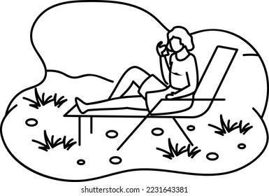 Girl Sitting on Chair and Enjoying Nature Concept, Women Taking Sun bath vector outline icon design, Outdoor weekend Activity symbol, Tourist Holidays Scene Sign, Happy people at Vacation illustration
