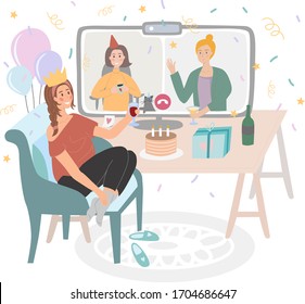 A girl sitting on a chair, having a birthday online party at home during quarantine meeting friends on video conference call or chat. People drink wine and tea together vector flat illustration. 