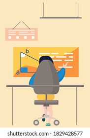 Girl sitting on a chair looking at blackboard with math task back view. Vector image of a character in classroom or at home. Student solves mathematical exercises on blackboard with triangle