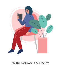 Girl Sitting on a Chair and Reading a Book, Female College or University Student, Young Woman Enjoying of Reading Literature Vector Illustration