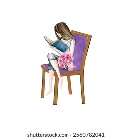 Girl sitting on chair reading book, girl is reading booking while sitting on chair, purple chair, watercolor design, book in girls hand while sitting vector