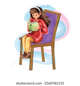 Girl sitting on chair reading book, girl is reading booking while sitting on chair, purple chair, watercolor design, book in girls hand while sitting vector