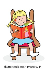 A girl sitting on a chair reads a fairy tale book. Cute vector illustration.