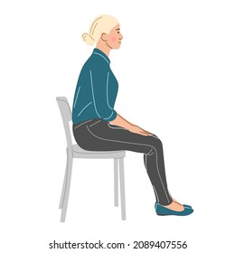 The girl is sitting on a chair. Side view, full height. Flat vector illustration.
