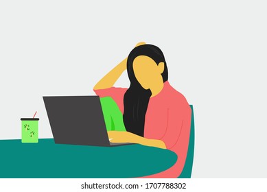 A girl sitting on a chair and working on a laptop. A youn girl working from home vector illustration.