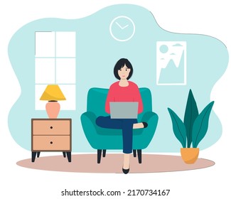 A girl sitting on chair and working or studing at home. Using laptop. Flat style. Vector illustration.	