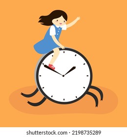 girl sitting on the clock on an orange background