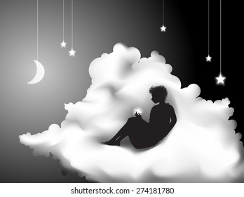 girl sitting on the cloud and holding the star, dream in secret place, shadows, vector