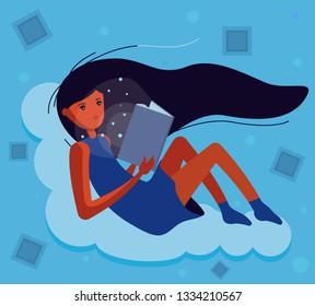 Girl sitting on a cloud and reading a book isolated on blue background. Simple illustration. Vector. Wall art.