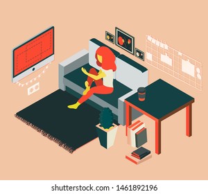 Girl sitting on the coach in isometric room with furniture like TV, table, carpet, flower in a pot. Books, lying on the floor.