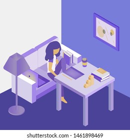 Girl sitting on the coach in isometric room with furniture like table, floor lamp. Abstract picture hanging on the wall.