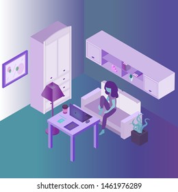 Girl sitting on the coach in isometric room with furniture like table, flower in a pot, floor lamp, wall cabinet and wardrobe.  The girl is sitting at the computer. Abstract picture on the wall.