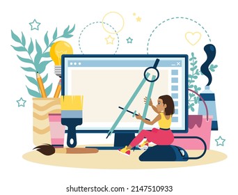 Das Mädchen sitzt mit einem Kompass auf einer Computermaus. Design-Konzept, Künstler und kreative Person. Hobbys als Weg zu einem modernen Beruf. Flache Vektorgrafik im Cartoon-Stil.