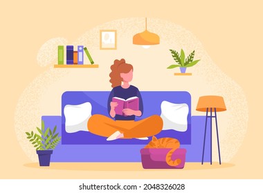 Girl sitting on couch. Evening relaxation, reading, education. Concept of teaching, love of literature. History, story, tale, poetry. Cartoon flat vector illustration isolated on yellow background