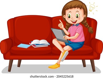 Girl sitting on couch learning from tablet illustration