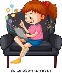 Girl sitting on couch learning from tablet illustration