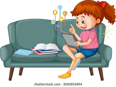 Girl sitting on couch learning from tablet illustration