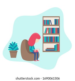 a girl is sitting on a couch and reading a book, woman read book at home, bookshelf