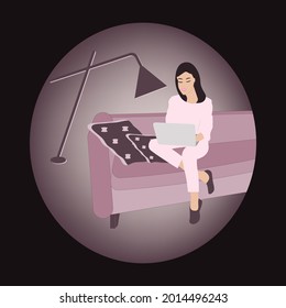 The girl is sitting on the couch, reading the evening news on a laptop. Floor lamp night light - vector. Internet addiction. Doom scroll.