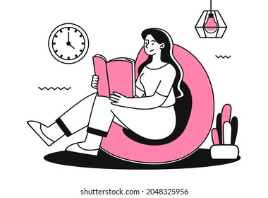 Mädchen, die auf dem Sofa saßen und Buch lesen. Erholung in Ihrer Wohnung, Hobbys, Freizeit, Literatur. Bildung, neues Material, Lernen. Cartoon-FlachVektorgrafik einzeln auf weißem Hintergrund