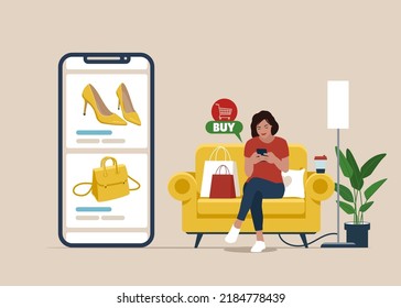 Girl sitting on the couch and Shopping online at home using mobile phone. Customer selects the goods to order, woman with smartphone next to paper bags. Vector flat style.