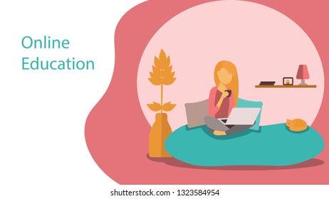 girl sitting on the couch and studying on the computer online. education online at home. vector illustration.