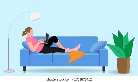 Girl is sitting on the couch and works and studying on laptop at home. Vector illustration of freelance work. Work at home during an outbreak of the COVID-19 virus. Online education, school at home. 