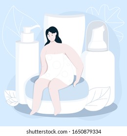 Girl is sitting on a cream and some cream tube, foam bottle and cleanser are around. Vector illustration of bodypositive girl in towel. Skin care routine in the bathroom.