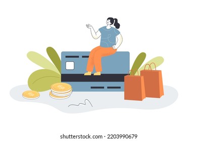 Girl sitting on credit card flat vector illustration. Gold coins and shopping bags. Commerce, finance, money, purchase, banking concept for banner, website design or landing web page
