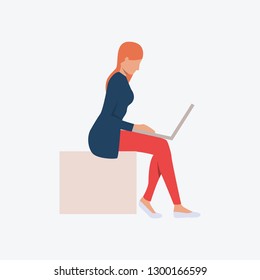 Girl sitting on cube with notebook. Freelance, working, open space. Can be used for topics like professional , work, job