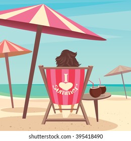 Girl sitting on a deck chair under an umbrella by the sea - Relax or laze concept. Vector illustration