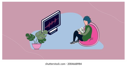 The girl is sitting on an easy chair and reading a book. The freelancer studies stock quotes and monitors the price dynamics on the monitor.