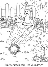 Girl sitting on egg with rabbit Easter coloring page vector