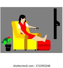 a girl sitting on family room and watching tv. stay at home because pandemic covid-19 background illustration.