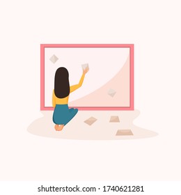 Girl sitting on floor. Back view. Woman  creating her dream board with visual elements. Female cartoon character. Colorful vector illustration 