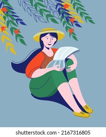 Girl sitting on floor with book in her hands. Young woman reading a book in the garden. Summer landscape background. Holidays time. Vector illustration