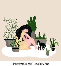 Girl sitting on floor with cat and houseplants, vector illustration. Woman cartoon character resting at home alone, enjoying cozy atmosphere. Lonely quiet girl sits with cute cat, sad romantic mood