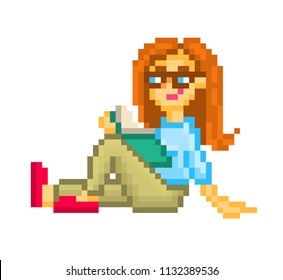 Girl Sitting On The Floor In Comfortable Pose Studying, Pixel Art Character Isolated On White Background. Bookworm Student Reading. Woman Resting With A Paper Book. Library Mascot. Education Symbol.