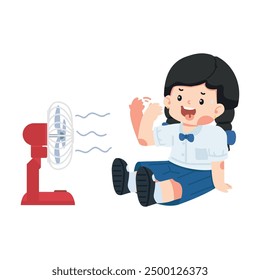 Girl is sitting on the floor with a fan 