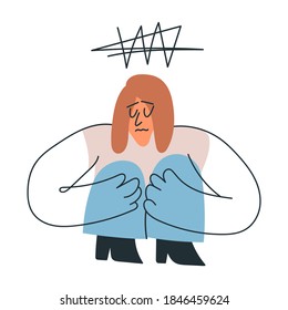Girl sitting on the floor and feeling anxiety. Hand drawn illustration on white background. Mental health concept.