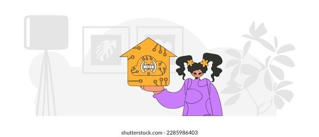 Girl sitting on floor, holding IoT logo in modern style.