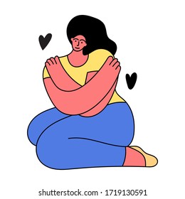 Girl sitting on the floor and hug herself. Self-care concept. Illustration on white background.