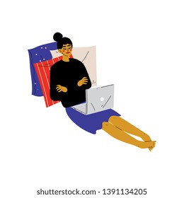 Girl Sitting on Floor with Laptop, Young Woman Working or Relaxing at Home Using Computer Vector Illustration