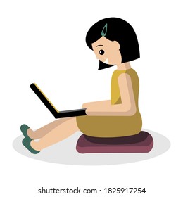 The girl is sitting on the floor with a laptop. Concept for online work, training, shopping. Flat style.