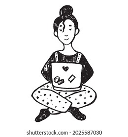 Girl sitting on the floor with laptop. Doodle style illustration