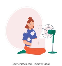 Girl is sitting on the floor with a laptop and a fan. Girl with ventilation equipment in hot weather. Vector graphics.	